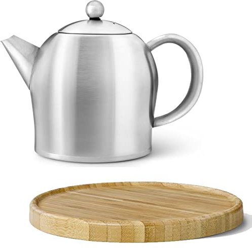 große matte doppelwandige Edelstahl Teekanne 1.0 Liter & Teebereiter ohne Filter & brauner Untersetzer aus Holz