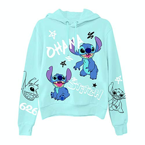 Ladies Lilo and Stitch Sweatshirt - Ladies Classic Lilo and Stitch Hoodie with Sleeve Print (Light Blue FoHoodieil, X-Large)