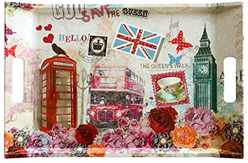 Lashuma Plateau de service rectangulaire en mélamine - Grand plateau en plastique coloré - 47 x 31 cm - Motif Londres