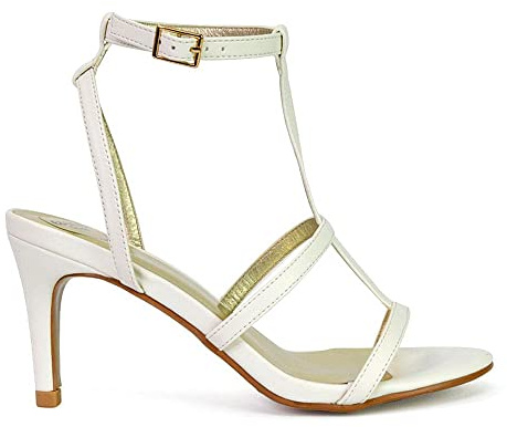 Womens Strappy Ankle Strap Sandals Ladies Stiletto Low Mid Heel Evening Party Shoes Size 3-8 White