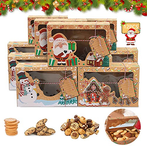 Geschenkbox Weihnachten, 12 Stück Keksdose Weihnachten, Geschenkboxen Weihnachten, Keksschachtel Keksverpackungen Weihnachten, Karton mit Sichtfenster und Tags, Muffin Transportbox Backen Weihnachten