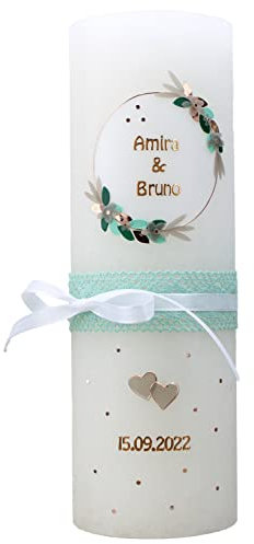Cerziies® Hochzeitskerze Rustik Amira und Bruno mit Namen und Datum, individuell und handverziert 1702