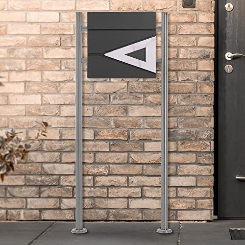 ECD Germany Standbriefkasten mit Zeitungsfach, Design Briefkasten mit Pfosten, Briefkastenanlage, Briefkastenständer Silber metallic 120 cm aus Edelstahl, Postkasten Anthrazit-Marmoroptik aus Stahl