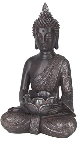 STEINMANN Dekorative Buddha Skulptur Höhe 30,5 cm Breite 20 cm Dekoration Dekofigur Feng Shui (Silber-Braun)