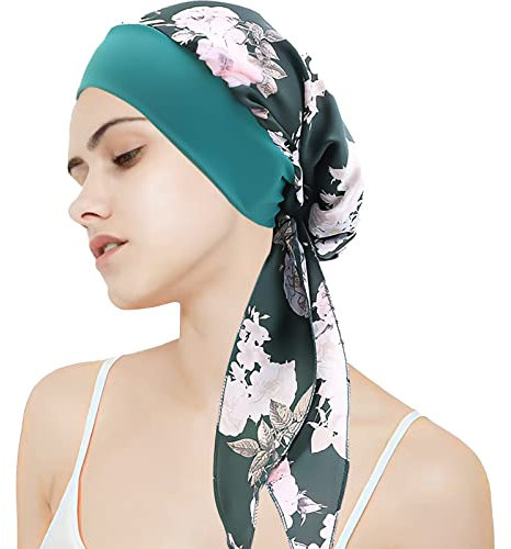 Kopftuch für Frauen Kopfbedeckung Damen Chemo Kopfbedeckung Im Voraus Gebunden Set Plissiert Headwrap Schals Gap Mütze Damen -Grüne Blume