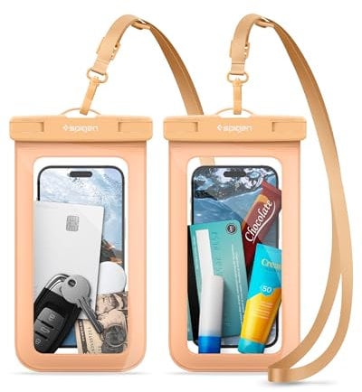 Spigen wasserdichte Handyhülle [Aqua Shield] [2 Stuck] IPX wasserfeste Handytasche Unterwasser Hülle kompatibel mit iPhone 16/15/14/13 Serien, Galaxy S25/S24/S23 und Allen Smartphones - Apricot