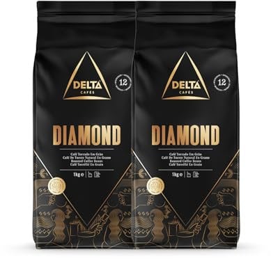Delta Cafés - Café en Grano Diamond - 2 Paquetes de 1 Kg - Intensidad 12 - Mezcla de Granos de Café Tostados Arábica y Robusta - Muy Aromático con Notas de Nueces Tostadas