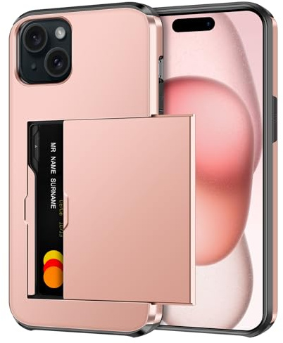 Coolden for iPhone 15 Case with Card Holder Wallet Cover Rose Gold | Armor Shockproof Heavy Duty Protective Cases, Hard Back Soft TPU Bumper Card Slot Wallet Cover for iPhone 15 Phone Case