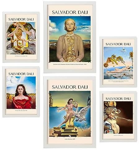 Nacnic Poster 6 set of Salvador Dali Sammlung von Kunstwerken, Dekorative Bilder für Ihr Wohnzimmer, Schlafzimmer, Zuhause. Wandkunst-Drucke. A4 and A3 with White Frames