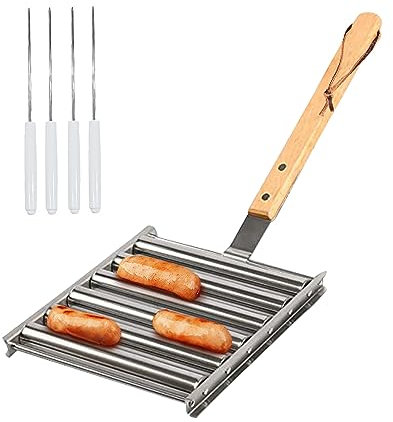 Rollender Wurstgrill Edelstahl-BBQ-Hot-Dog-Rollgestell mit langem Holzgriff und 4 Spießen für Außengrill, 5 Hotdog-Kapazität, Groß