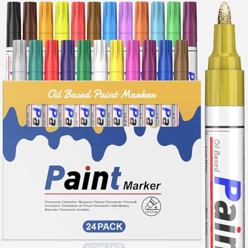 Permanent Marker Bunt Glasmalstifte Wasserfest Set, 24 Farben zum Steine Bemalen Glasstift Lackstifte für Verschiedenen Oberflächen Karton, Kunststoff, Holz, Metall,Keramik Tassen