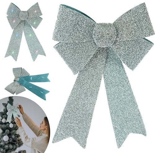 HOVUK Lazos de Navidad plateados de 43 cm, lazo grande para puerta de Navidad, lazo iluminado, funciona con pilas LED, lazos de cinta de Navidad, adornos para árbol de Navidad, decoración de regalos,