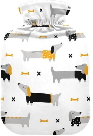 Cute Long Dogs Dachshunds Puppy Hot Water Bottle and Cover Soft Warm for Winter Bed Hand Neck and Shoulders,1 L