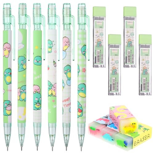 Lot de 6 porte-mines mignons pour enfants – Lot de 6 porte-mines dinosaures Kawaii avec 4 gommes et tubes de 0,5 mm de rechange pour étudiants, écriture, dessin, croquis, architecture