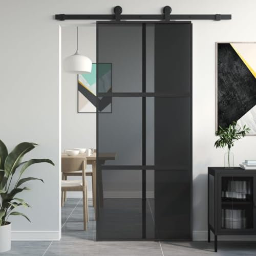 Gecheer Puerta, corredera, kit de montaje, de cristal ESG y aluminio, negro y transparente oscuro, 90 x 205 cm, con rejillas 3 x 2, puertas abatibles, puerta corredera de cristal y aluminio