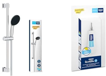 Grohe Vitalio 110 - Brausestangenset wassersparend ~8l/min + Kleber (3 Strahlarten, Brausestange 60cm, Kleben oder Bohren), rund, chrom