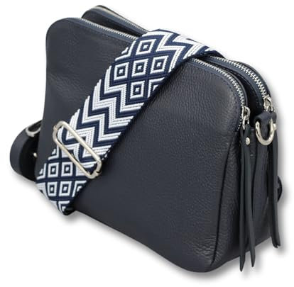 ADEL Umhängetasche Damen Echtes Leder MARA Handgemachte Crossbody Bag 5 Fächer Schultertasche mit Ledergurt + Breitem Gemustertem Riemen Verstellbarer Gurt Made in Italy (Dunkelblau)