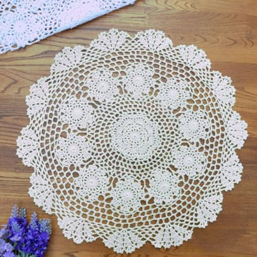Beige Vintage Spitzentischdecke, klein, rund, gehäkelt, Baumwolle, 50 cm (Weiß)