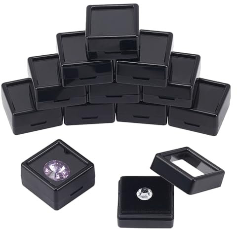 nbeads 12 Stück Edelstein Displayboxen, 2.95x2.95x1.6cm Quadratischer Schmuckbehälter Aus Schwarzem Kunststoff Mit Durchsichtigen Acryldeckel Und Schwamm Für Nackte Steine Und Diamanten
