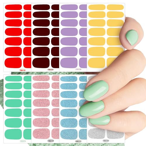 JSRQT 8 Feuilles Autocollant Ongle Pailleté Nail Art Sticker Auto-adhésif Couverture Complète avec Lime à Ongles Nails Wraps Stickers Autocollant Ongle 3D Nail Stickers pour Femme Fille Deco Ongle