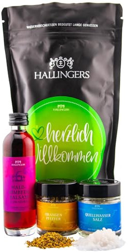 Hallingers Glückwünsche Wundertüte Geschenkset Quellwasser Salz, Orangen Pfeffer & Himbeer Balsam - welcome - Made in Germany