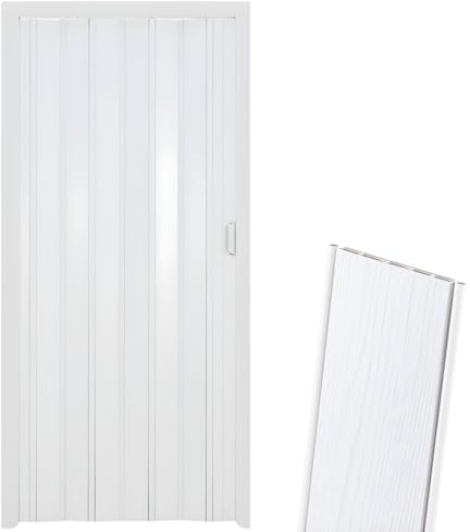 Porta a Soffietto da Interno in PVC Effetto Legno - Kit Fai da Te Completo con Accessori, Guida Superiore e Chiusura con Maniglia,Riducibile in Altezza e Lunghezza, Reversibile, 84x215 cm. (Bianco)