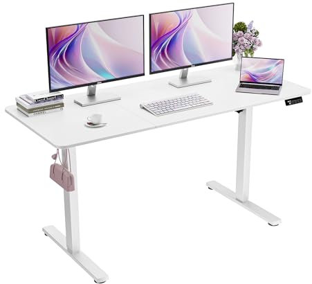 ERGOMAKER Elektrischer Höhenverstellbarer Schreibtisch 140x60cm (55.1x23.6), Höhenverstellbarer Tisch mit Spleißplatte (Weißes Gestell + Weiße Tischplatte)