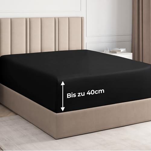 Spannbettlaken 180x200 cm – 40 cm Steghöhe – Aus gebürsteter Polyester-Mikrofaser – Spannbetttuch geeignet für Boxspringbetten – Passt auf Matratzen bis zu 40 cm – OEKO-TEX Zertifiziert, Schwarz