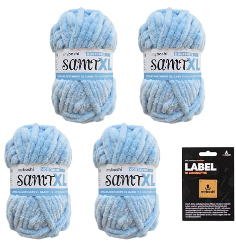 myboshi Samt XL, kuscheliges, extra dickes Chenillegarn, super chunky, zum Häkeln und Stricken, XXL-Knäuel, Label, 100g, Ll 40m, Blau (Hortensie) 4 Knäuel