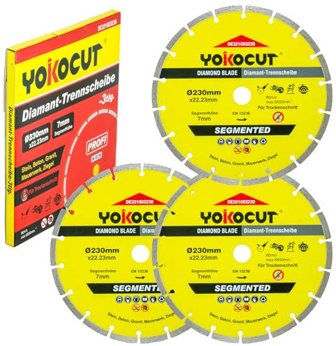 YOKOCUT Diamanttrennscheibe 230mm, Diamant trennscheiben set 3-tlg. universal Trennscheibe für Stein, Beton, Granit, Mauerwerk, Ziegel Zubehör Winkelschleifer