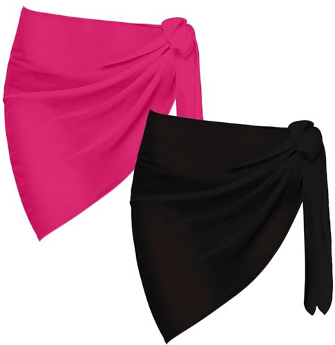 2 Pieces Sarong Coverups for Women Bathing Suit Wrap Swimsuit Skirt Bikini Swimwear Chiffon Cover Up Beach Accessories (A - Black+Rose)
