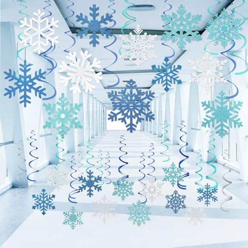 KUKKUME 36 Pcs Christmas Ceiling Decorations Snowflake Christmas Hanging Swirls Blue and Silver Hanging Snowflake Decoration for Winter Wonderland Xmas New Year Holiday Party Supplies