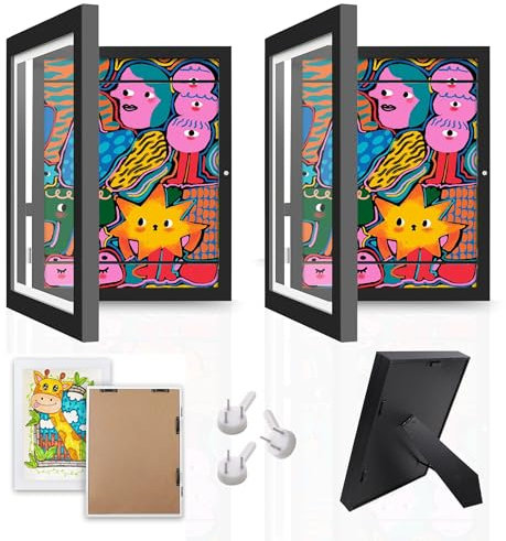 Krobby – Kinder-Zeichnungsrahmen – Rahmen zur Aufbewahrung von Zeichnungen – Magnetische Frontöffnung – Platz für 150 Zeichnungen – Schwarzes Design – A4-Rahmen (21 x 29,7 cm) – 2er-Pack Bilderrahmen