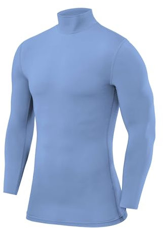 PowerLayer Kompressionsshirt Herren - Compression Shirt Funktionssshirt Langarm - Laufshirt Herren - Mock Neck Sportshirt - Longsleeve Oberteil Unterziehshirt - Hellblau, XXL