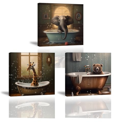Piy Painting Wandbilder, Leinwand Wandkunst Tier, Giraffe Elefant und Bär Wandbild, Leinwand Poster, Wohnkultur Gemälde für das Badezimmer und das Wohnzimmer, 3X30X30 CM, mit Holzrahmen