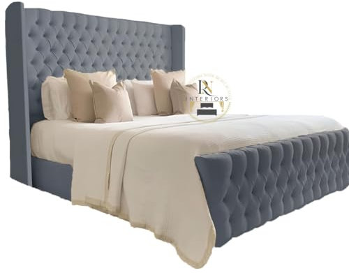 YB Interiors Luxury 5ft King Size Sleigh Chesterfield Bed – Plush Velvet Fabric, High Wingback Grey Headboard