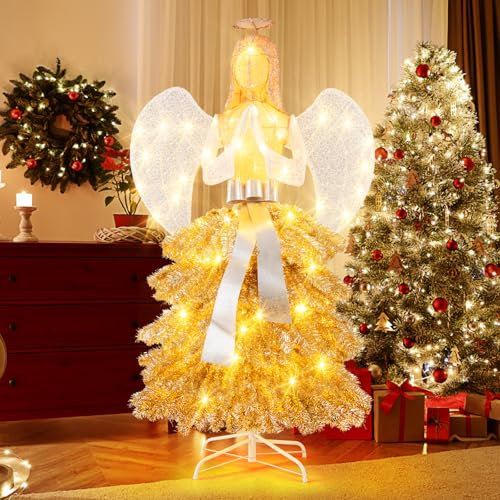 COSTWAY Pre-lit Christmas Angel, 3D Glittered Angel with 100/148/150/180 Lights, Halo, Ground Stakes, Large Xmas Decoration Ornament for Indoor Outdoor (5FT-Tree Shaped, with 150 Lights)