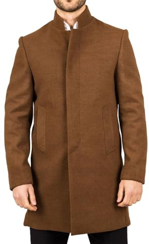 Men's Overcoat Stand Collar Wool Blend Classic Trench Coat Winter Jacket - Brown S