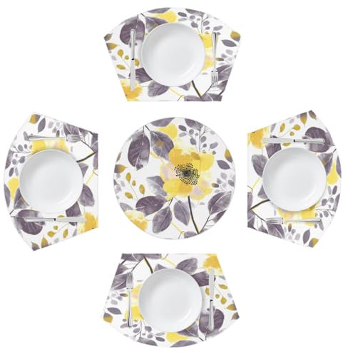 Mexpekil Yellow Flower Grey Leaves Placemats Set of 4 for Round Table Wedge Place Mats with Centerpiece Heat Resistant Washable Plate Mats for Kitchen (5 Pcs)