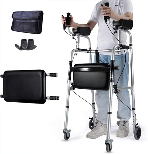 Vexorium Gehhilfe für Behinderte/Senioren, mit Unterarmstütze, Bremsen, Sitz, zusammenklappbarer Aluminium-Rollator/Mobile Gehhilfe, Tragkraft 150 kg