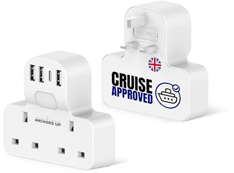 Cruise Approved UK Extension Multi-Plug 7-in-1 – Non Surge for Cruise Ships – 4 USB Ports and Night Light – Works on P&O, Marella, Cunard, Fred Olsen, Ambassador and more – Cruise Essential