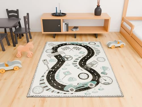 AKCILA Rechteckiger Kinderteppich Lima Rennstrecke 140x190 cm, Teppiche für EIN Kinderzimmer mit kurzem Flor, Teppich für einen Jungen,Mädchen, Kinderteppich, Spielteppich, Kids Carpet