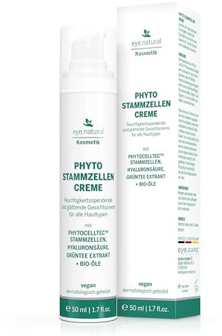 Eye Natural Anti-Aging Stammzellencreme – mit Aloe Vera, Granatapfel-Öl, Sheabutteröl, Hyaluron, Grüntee-Extrakt und Panthenol – Vegane Augencreme gegen Tränensäcke und Augenringe 50ml.