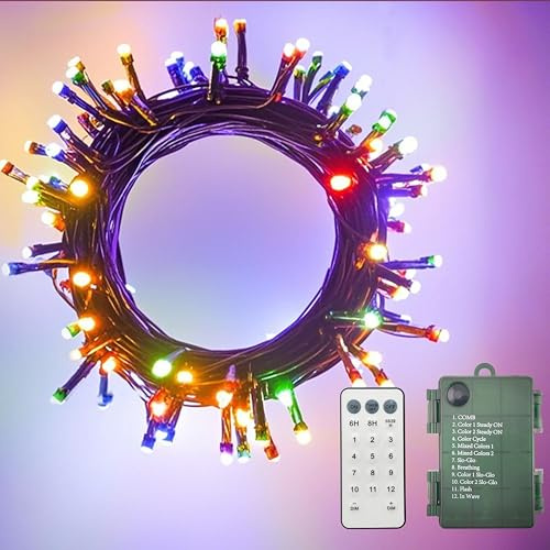 GHJ Farbwechsel Warmweiß/Bunt LED Batterie Lichterkette auf Dunkelgrün Kabel, Fernbedienung Batteriebetriebene Beleuchtung, für Weihnachten Baum Garten Hochzeit Feiertag Party (100LED)