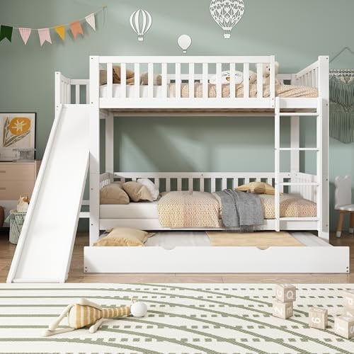 Moimhear Litera con cama abatible, cama infantil, con barrera anticaídas, con tobogán y estantes, con escalera recta de 4 peldaños, pino+MDF, color blanco, 90 x 200/190 cm
