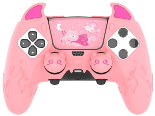 PlayVital Coque pour ps5 Edge Grip Manette avec Protection Joystick pour ps5 Edge Controller Accessoires & Autocollant Pavé Tactile,Housse Silicone Antidérapant Cover Skin-Rose,Démon Mignon