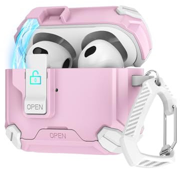 Byerconn Compatibile con custodia AirPods 3, chiusura magnetica automatica con supporto per telefono, protezione completa contro le cadute, design con interruttore automatico bianco/rosa
