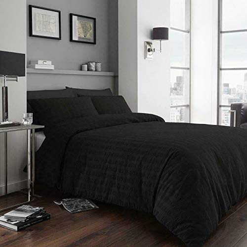 RAYYAN LINEN Seersucker Luxury Duvet Cover Bedding Set with Pillow Cases Ruffled Seersucker Texture (Black, Super King)