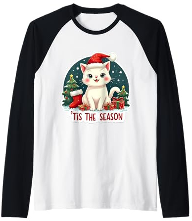 Tis The Season Arbre de Noël en Forme de Chat Blanc Manche Raglan
