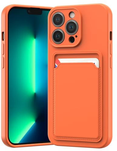 LVVFEI Custodia per iPhone 13 Pro 6,1 Pollic con Portacarte, Custodia in Silicone TPU Antiurto Integrata, Cover con Fessura per Carte di Credito Design Finitura Opaca, Arancione